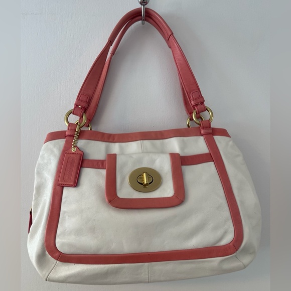 Coach Handbags - Y2K Coach Cricket Medium White Coral Pink Leather Tote Shoulder Bag Purse